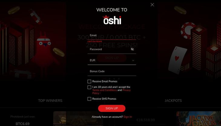 Sådan registrerer du dig hos Oshi Casino